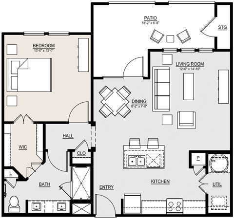 Floor plan for 1 bed, 1 bath, 864 sqft